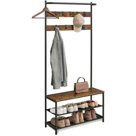 VASAGLE Meuble d’Entrée, Porte-manteaux, avec Banc et Étagère à Chaussures, 9 Crochets Amovibles, Tringle, 32,2 x 84 x 180 cm, pour Entrée, Chambre, Style Industriel, Marron Rustique et Noir