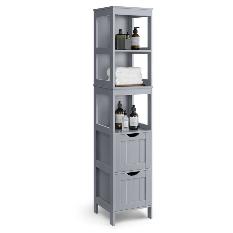 Meuble Rangement de Salle de Bain avec 2 Tiroirs et 3 Compartiments Ouverts, 30 x 30 x 141,5 cm, Gris Tourterelle