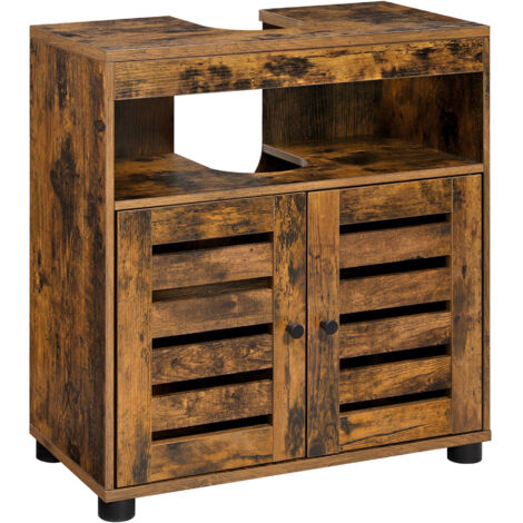 Vasagle – Meuble sous vasque brun rustique 60 x 30 x 63 cm – 2 portes persiennes – Panneau aggloméré E1 – Tablette réglable 3 niveaux