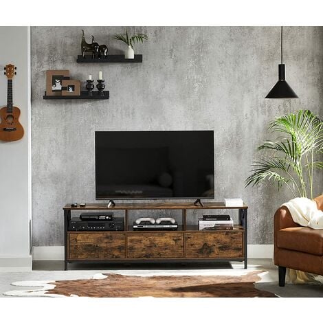 VASAGLE Meuble Télé, Support TV, Rangement Téléviseur jusqu'à 65 Pouces, avec 3 Tiroirs et Étagères, 147 x 40 x 50 cm, Style Industriel Campagnard, Cadre en Acier, Marron Rustique et Noir LTV301B01