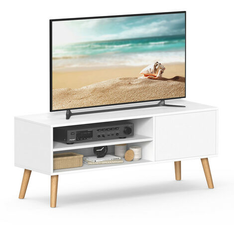 Vasagle – Meuble TV blanc 120 cm pour télévisions jusqu'à 55 pouces – Structure en panneaux d’aggloméré et pieds en chêne massif – Rangement consoles de jeux
