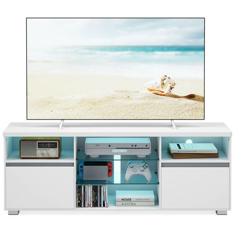 Vasagle – Meuble TV moderne avec LED – Compatible téléviseurs jusqu’à 70 pouces – Étagères en verre réglables – 2 placards – 160 cm – Blanc
