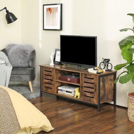 Vasagle – Meuble TV industriel marron rustique 110x40x50 cm – Panneau aggloméré et acier – Étagères avec portes à persiennes – Charge max 50 kg