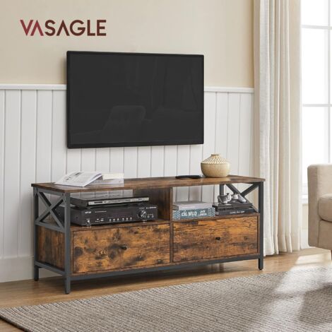 Vasagle – Meuble TV jusqu'à 55 pouces – 2 tiroirs et 2 étagères ouvertes – Acier et panneaux d’aggloméré – Marron rustique et noir – Dimensions 120 x 40 x 50 cm