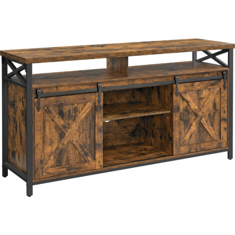 Vasagle – Meuble TV jusqu’à 65 pouces avec étagères réglables – Style rustique marron et noir – Cadre en métal – Dimensions 147 x 40 x 76 cm
