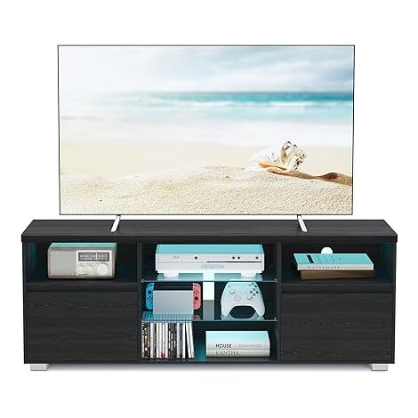 Vasagle – Meuble TV moderne avec LED – Pour téléviseurs jusqu’à 70 pouces – Étagères en verre réglables – 2 placards – 160 cm – Noir