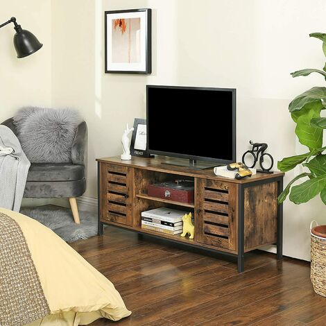 VASAGLE Meuble TV, Support télévision, avec étagères et placards de rangement, portes persiennes, pour salon, salle de jeu, style industriel