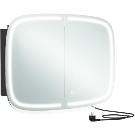 Vasagle – Miroir de salle de bain avec éclairage LED – Armoire murale avec 2 prises AC et 2 USB – Étagères réglables – Coins arrondis – Noir d’encre