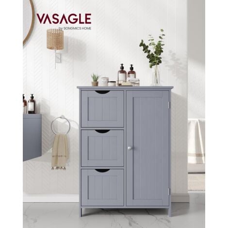 VASAGLE Mobile da Bagno, Mobiletto per Bagno Stretto, Organizzatore, Cassettiera, con 3 Cassetti, Anta, Ripiano Regolabile, 30 x 60 x 81 cm, Grigio Tortora