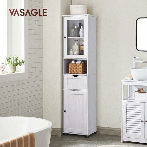 VASAGLE Mobile da Bagno Salvaspazio, Mobile a Colonna, Mobile Alto, Ripiano Aperto, Anta in Vetro, Mobiletto Bagno con Piedini, Ripiani Regolabili in Altezza, Grigio Chiaro Effetto Legno