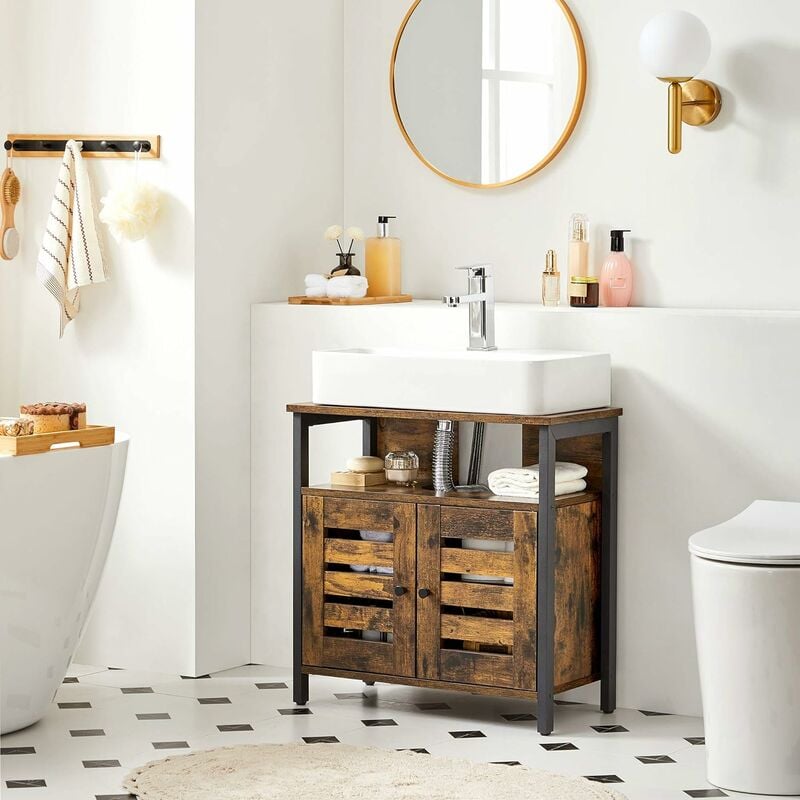 Songmics - vasagle Mobile sottolavello, armadio bagno, armadio, 60 x 30 x 60 cm, con telaio in acciaio, ante a persiane, tavola regolabile, stile