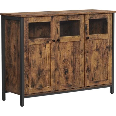 VASAGLE Mobiletto Multiuso, Credenza, Armadietto con Ante in Vetro, per Sala da Pranzo Salotto Corridoio Cucina, Struttura in Acciaio, Stile Industriale, Marrone Vintage e Nero, da SONGMICS