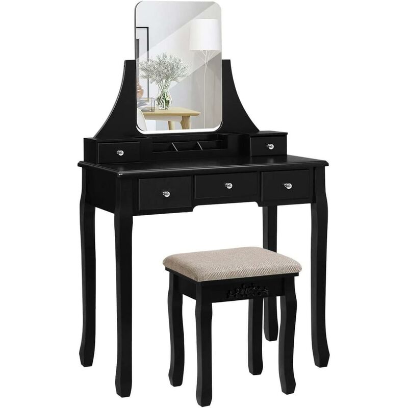 Vasagle Dressing Table Set With Large Frameless Mirror Makeup Table For Bedroom Bathroom 5 Drawers And 1 Removable Storage Box Cushioned Stool Black By Songmics Rdt25bk