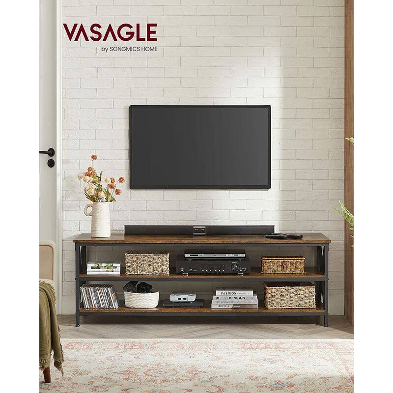 

VASAGLE Mueble de TV, Mesa de TV, para televisores de hasta 65 pulgadas, con estantes abiertos, Marco de acero en forma de X, Diseño industrial, 147