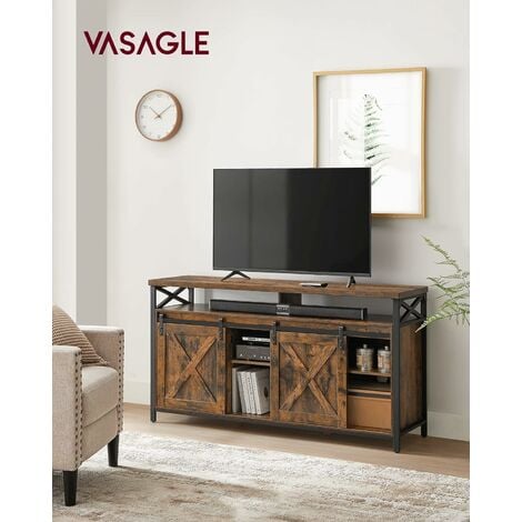 VASAGLE Mueble de TV con chimenea, soporte de TV para televisores de hasta  60 pulgadas, con puertas de granero, estantes ajustables, estilo