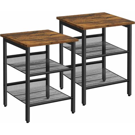 VASAGLE Nachttische, Beistelltisch-Set, 2er-Set Sofatische, kleine Couchtische mit verstellbaren Gitterablagen, Wohnzimmer, Schlafzimmer, Flur, stabil, Industrie-Design, vintagebraun-schwarz/greige-schwarz