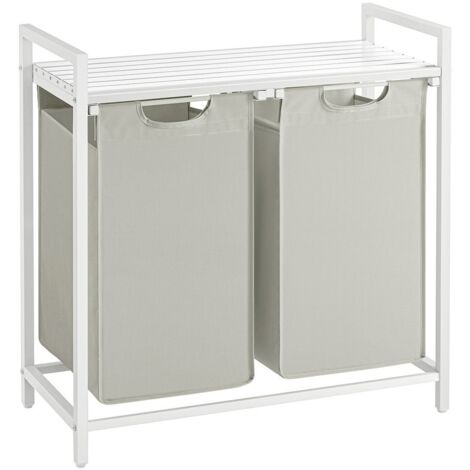 Vasagle – Panier à linge 2 compartiments – 2 sacs amovibles en tissu Oxford – Cadre en métal – Dimensions 73 x 33 x 72 cm – Capacité 92L – Blanc