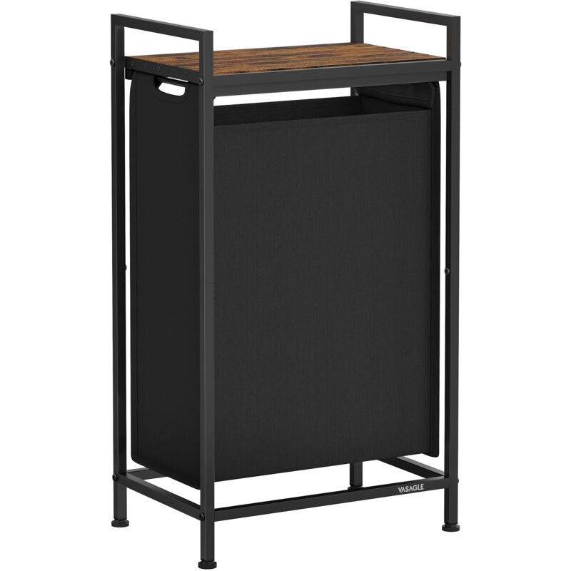 Panier à Linge, Corbeille à Linge Sale, Sac Amovible en Tissu Oxford, Étagere, Cadre en Metal, 47 l, 42 x 28 x 75 cm, Noir d'Encre et Marron Rustique