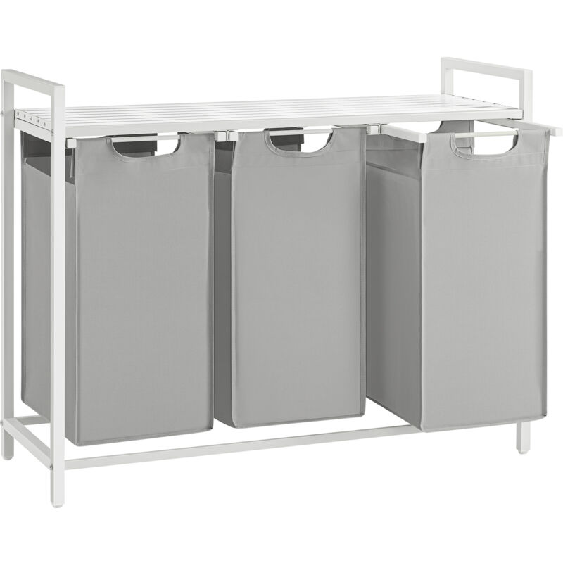 Panier à Linge 3 Compartiments, Corbeille à Linge, avec Étagère, Cadre en Métal, Sac Amovible en Tissu Oxford, 3 x 38 l, 92,5 x 33 x 72 cm, Gris