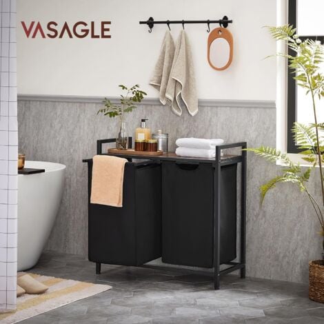 VASAGLE Panier à Linge Sale, Corbeille 2 Compartiment, Bac, avec 2 Sacs en Tissu Oxford Amovibles, Cadre en Métal, 2 x 46L, 73 x 33 x 72 cm, Marron Rustique et Noir BLH201B01V1