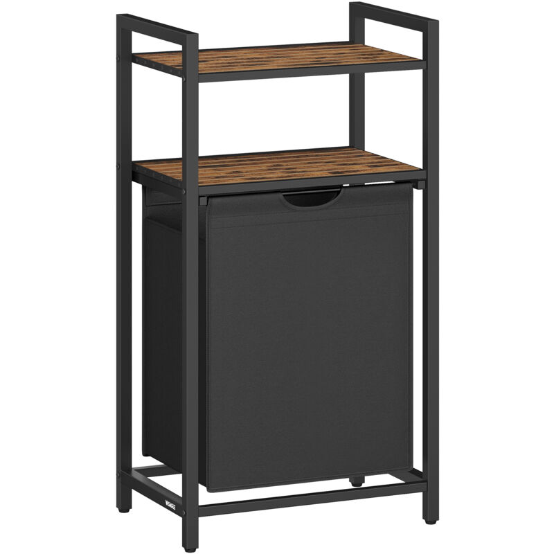 Panier à Linge, Corbeille à Linge Sale, Rangement 1 Compartiment, 1 Sac Amovible en Tissu Oxford, 2 Étagères, Cadre en Métal, 65 Litres, Marron Rustique et Noir - Vasagle