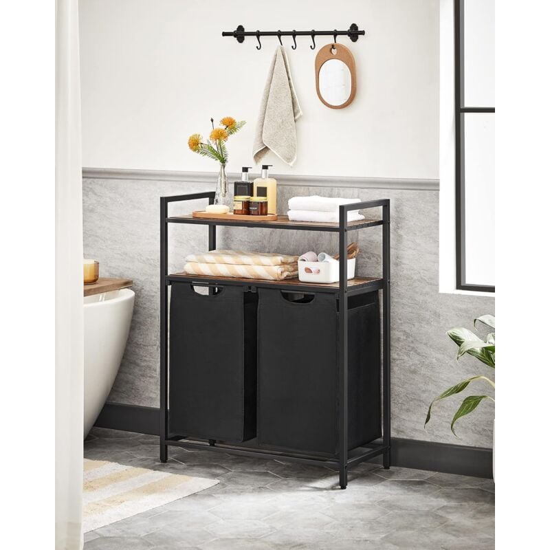 Vasagle Panier à Linge Sale, Corbeille 2 Compartiment, Bac, avec 2 Étagères de Rangement, Sacs en Amovible, Volume de Chaque Sac 46L, pour Salle de