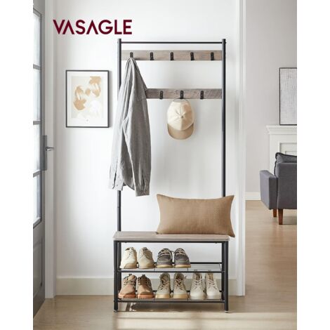 VASAGLE - Perchero con estante para zapatos, mueble de entrada con banco, 3 en 1, marco de acero, para entrada y pasillo, 32 x 70 x 175 cm, estilo industrial, crudo y negro