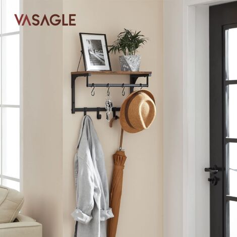 VASAGLE Perchero Pared, Perchero Entrada Recibidor, Colgador Pared con 8 Ganchos y Estante, para Salón, Pasillo, Dormitorio, 40 x 24 x 24 cm, Marrón Rústico y Negro por SONGMICS