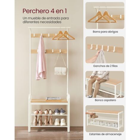 VASAGLE Perchero Zapatero, Perchero con Banco Recibidor, 4 en 1, 9 Ganchos Extraíbles, Barra Superior, para Entrada Pasillo, 33,7 x 72 x 183 cm, Moderno, Roble y Blanco