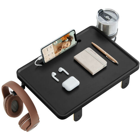 VASAGLE Plateau de Lit, Étagère de Lit, pour Lit Superposé, pour Lit Mezzanine, Emplacement pour Téléphone, Porte-Verre Rotatif, Crochet, Pinces Réglables, Chambre, Noir d’Encre