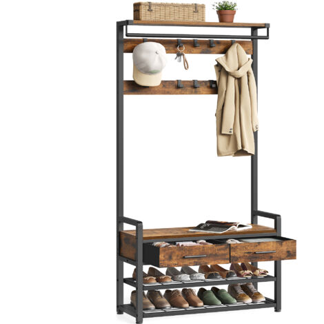 Vasagle – Porte-manteau d'entrée avec 10 crochets amovibles – 2 tiroirs – Panneau d'aggloméré et acier – 30 x 80,4 x 181,6 cm – Marron rustique et noir d'encre