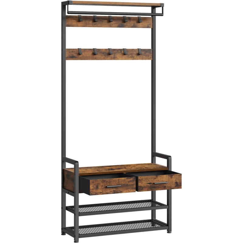 Vasagle - Porte-Manteau d'Entrée, Meuble d'Entrée avec 10 Crochets Amovibles, 2 Tiroirs, Design Séparable, 30 x 80,4 x 181,6 cm, Marron Rustique et