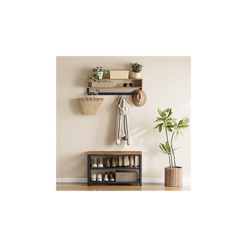 Vasagle - Porte-manteau et Banc pour Chaussures, Meuble d'Entrée à 2 Étagères, Multifonctionnel, Crochets Arrondis pour Vêtements, Style Industriel,
