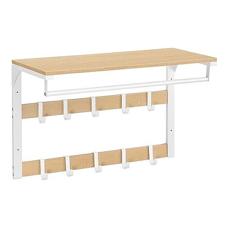 VASAGLE Porte-manteau Mural, Étagère Suspendue avec 10 Crochets Amovibles sur 2 Rangées, Barre de Suspension, pour Entrée, Chambre, Salle de Bain, Couleur Chêne et Blanc