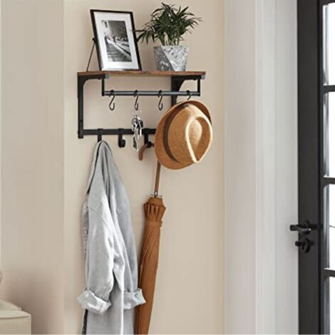 VASAGLE Porte Manteau Mural, Meuble Entrée, Vestiaire, avec 8 Crochets et Étagère, pour Salon, Couloir, Chambre, 40 x 24 x 24 cm, Marron Rustique et Noir LCR103B01