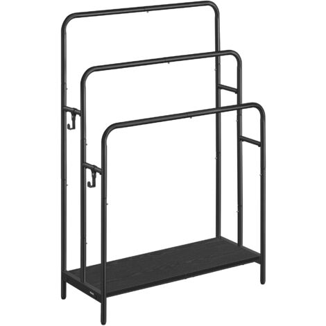 Vasagle – Porte-serviette sur pied 3 barres 70 x 30 x 100 cm – Étagère de rangement avec 2 crochets – Métal noir d’encre et noir boisé
