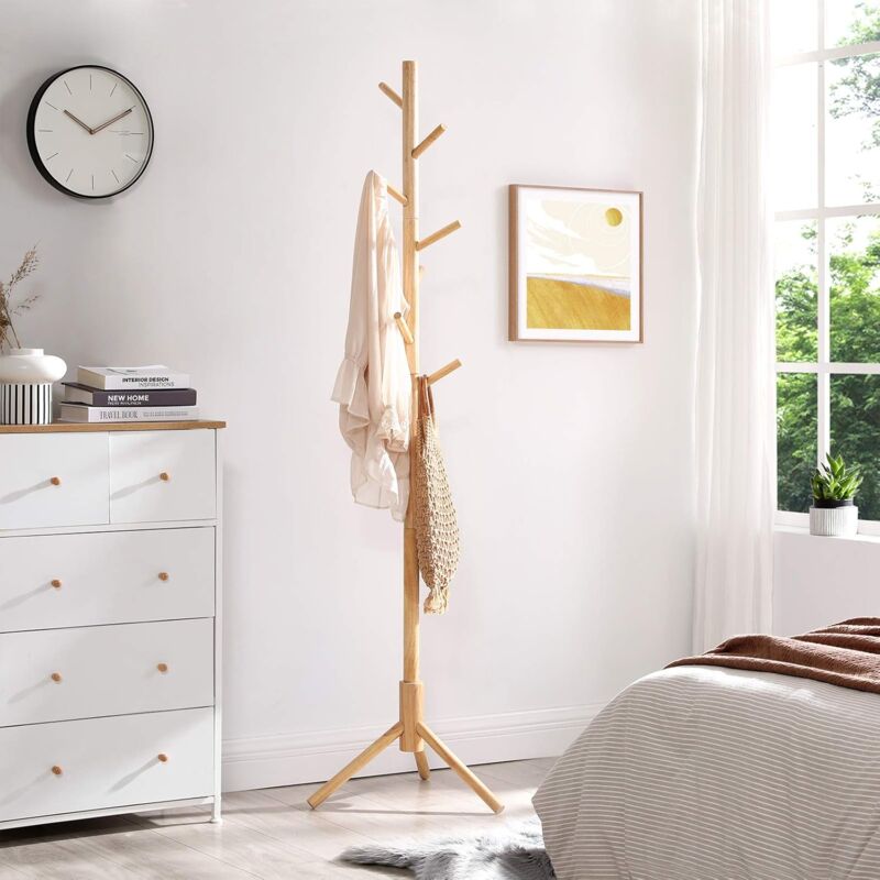 Songmics - vasagle Portemanteau en Bois Massif, Porte-vêtement, avec 8 Crochets pour vêtements, Sacs, Veste, pour entrée, Couloir, Couleur Boisée