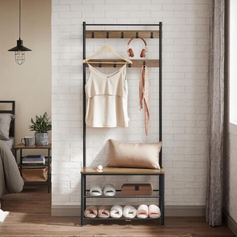 Vasagle – Portemanteau industriel avec banc et étagères à chaussures – 9 crochets doubles – Acier et aggloméré – 70 x 32 x 175 cm – HSR041B41