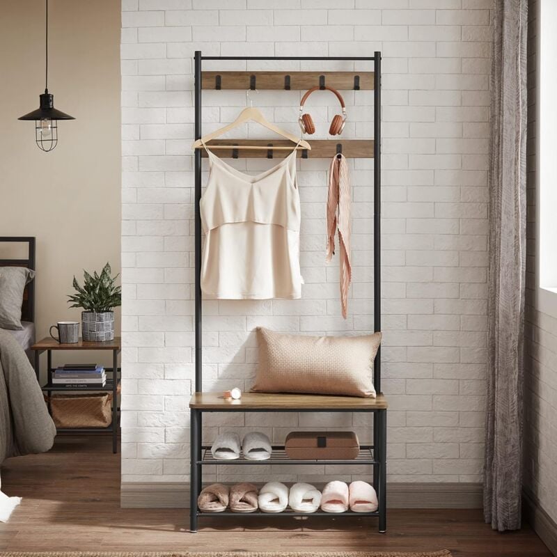 Songmics - vasagle Portemanteau, Vestiaire avec Banc et Étagère à Chaussures, Crochets, Cadre en Métal, 70 x 32 x 175 cm, Style Industriel, Marron