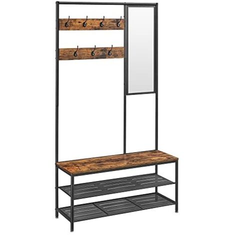 Vasagle – Portemanteau vestiaire 4-en-1 avec miroir et banc – Dimensions 35 x 98 x 180 cm – Étagère à chaussures – Style industriel marron noir