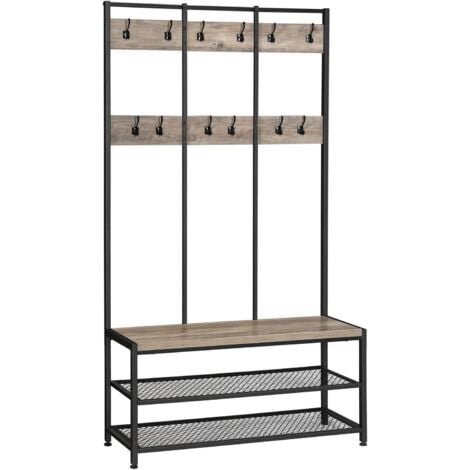 VASAGLE Portemanteau,  Vestiaire d’entrée, avec 12 crochets et banc à chaussures, style industriel, pour bureau, chambre, cadre en acier , Grège et Noir HSR086B02