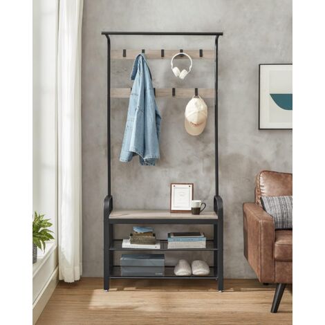 VASAGLE Portemanteau, Vestiaire d’Entrée, Porte-Manteau，33.7 x 84 x 183 cm, avec 9 crochets, Banc et Étagère à Chaussures， Grège et Noir HSR400B02