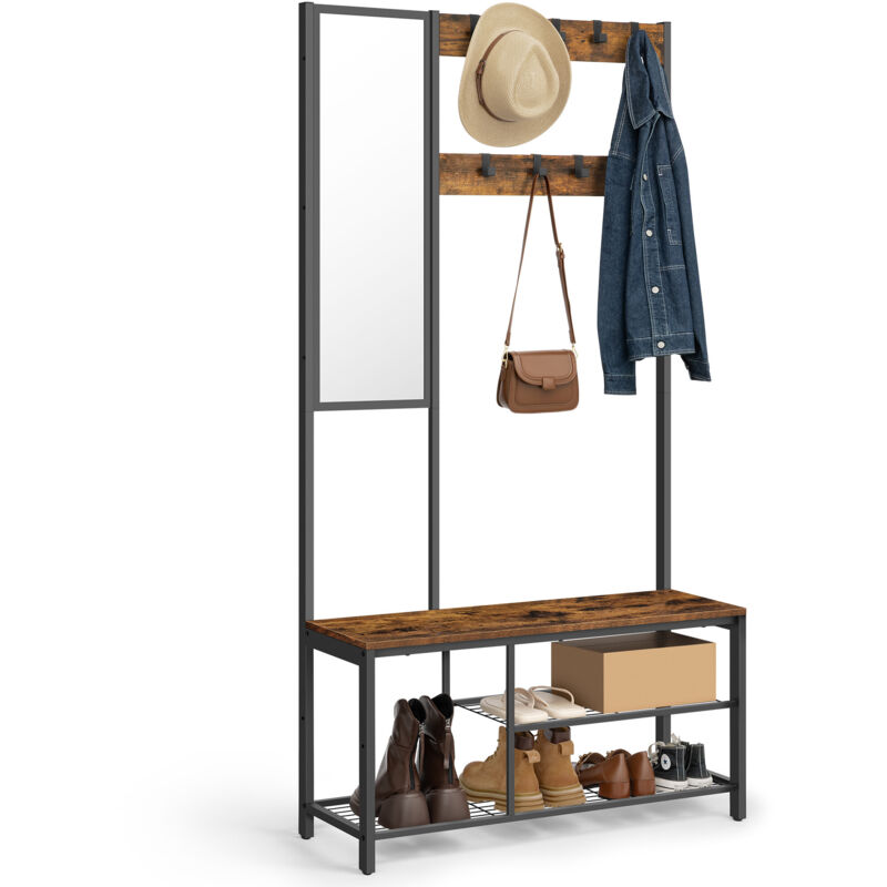 Vasagle - Meuble d'Entrée Porte-manteau - Vestiaire - Avec Crochets - Miroir - Banc à Chaussures et Étagères - 36 x 98 x 185 cm - Pour Entrée,
