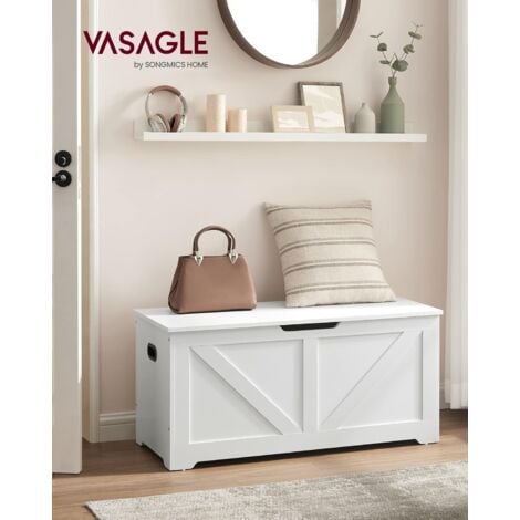 VASAGLE Puff Almacenaje, Banco Almacenaje con 2 Bisagras de Seguridad, Baúl Almacenaje, Banco Zapatero, Estilo Granero, 40 x 100 x 46 cm, para Pasillo Dormitorio Salón, Blanco Mate por SONGMICS