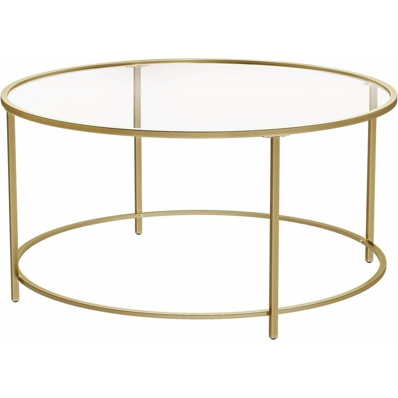 VASAGLE Round Coffee Table, Glass Table with Golden Iron Frame, Living Room Table, Sofa Table, Robust Tempered Glass, Stable, Decorative, Gold by