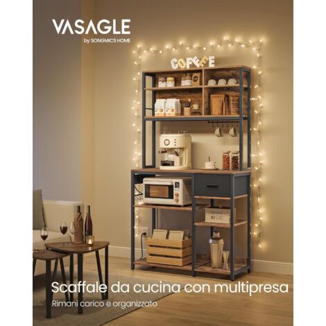 VASAGLE Scaffale Cucina con Multipresa, Mobile Cucina con Ripiani Regolabili, Cassetto in Tessuto, 12 Ganci, 40 x 100 x 180,4 cm, Scaffale per Microonde, Marrone Vintage e Nero Inchiostro