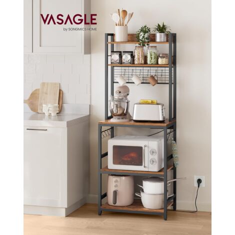 VASAGLE Scaffale Cucina con Multipresa, Scaffale per Microonde, Mobile Cucina, con Pannello a Rete Metallica, 14 Ganci, 40 x 60 x 170 cm, Marrone Vintage e Nero