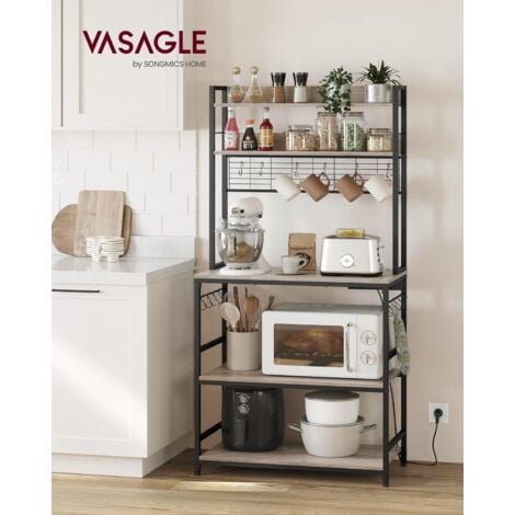 VASAGLE Scaffale Cucina con Multipresa, Scaffale per Microonde, Mobile Cucina, con Pannello a Rete Metallica, 14 Ganci, 40 x 80 x 170 cm, Greige e Nero
