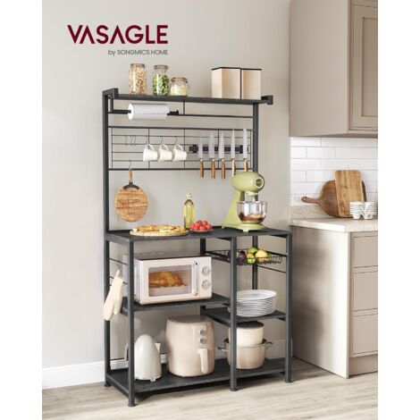 VASAGLE Scaffale Cucina, Scaffale per Microonde, Mobile Cucina con Portacoltelli Magnetico, Cestino, Portarotolo, 12 Ganci, Colore Ebano e Nero