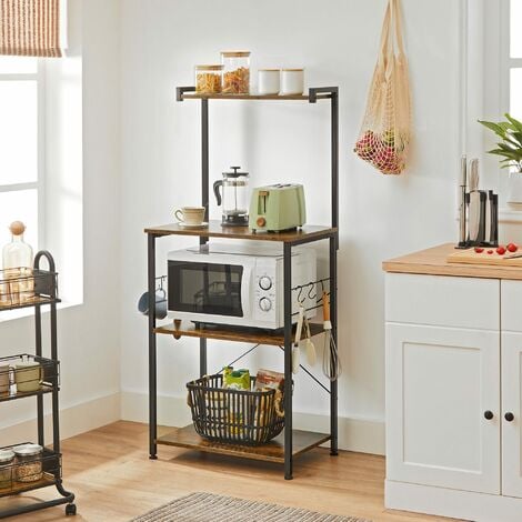 VASAGLE Scaffale da Cucina, Organizzatore per Cucina, Supporto per Forno a Microonde, con 3 Ripiani, 6 Ganci a S, per Spezie, Pentole e Padelle, Stile Industriale, Marrone Vintage e Nero da SONGMICS
